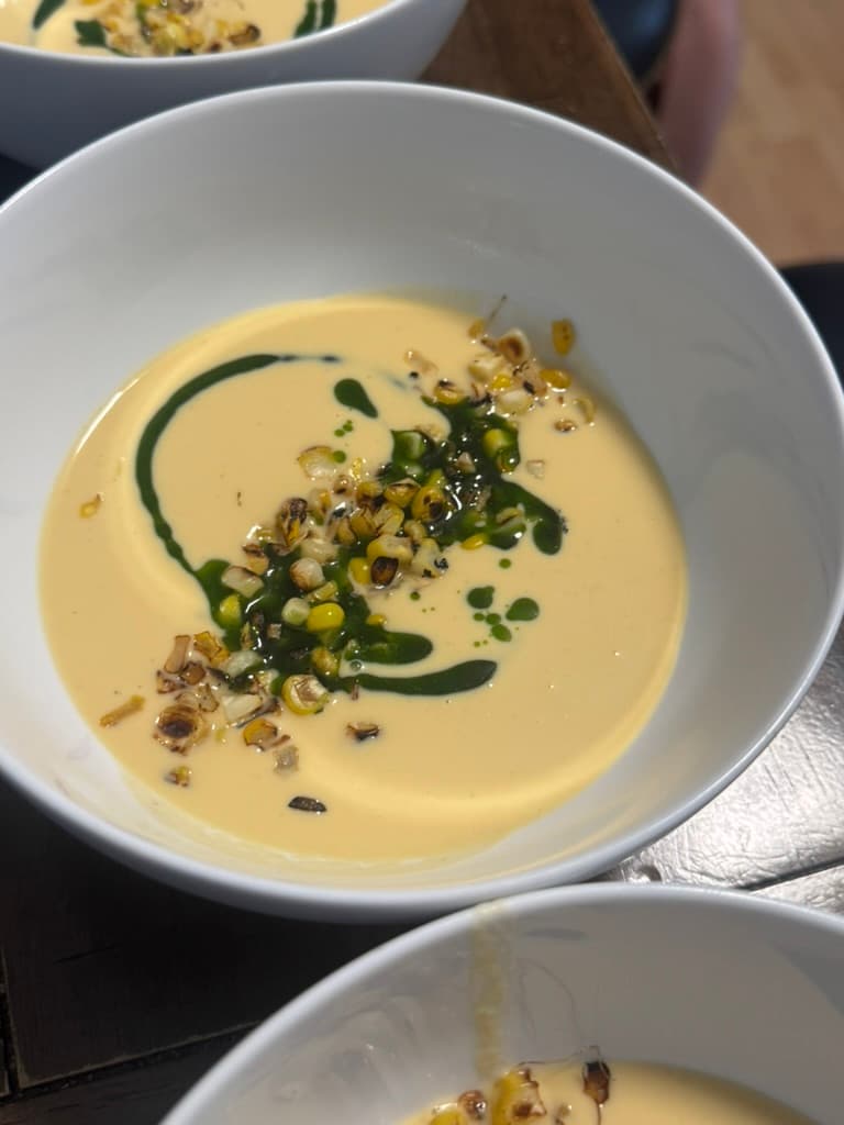 Chilled Corn Velouté with Charred Corn and Basil Oil